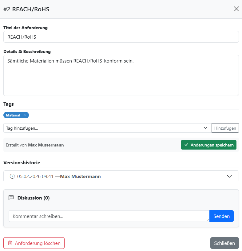 Detailansicht Anforderung