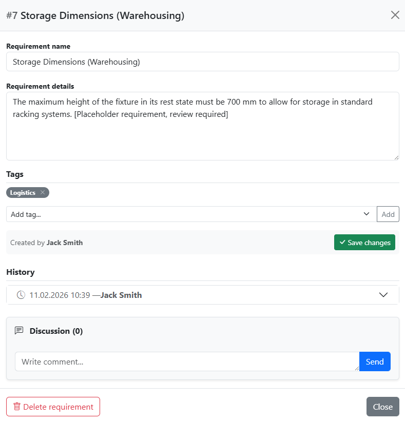 Requirement detail view
