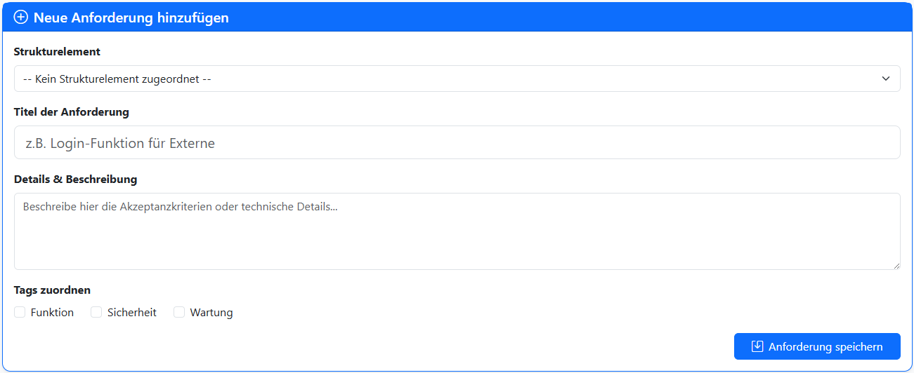 Neue Anforderung hinzufügen