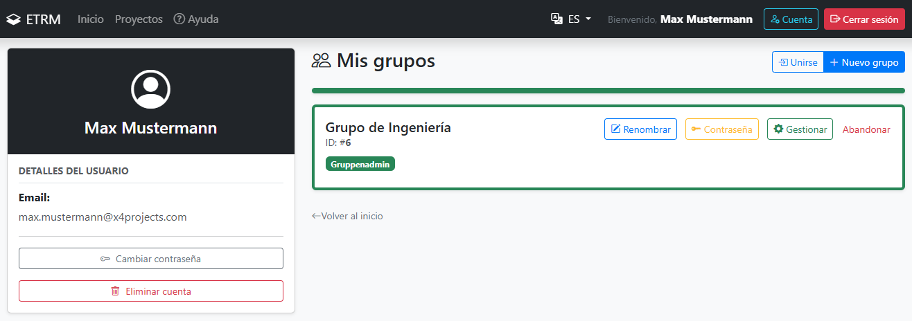 Vista de perfil con gestión de grupos