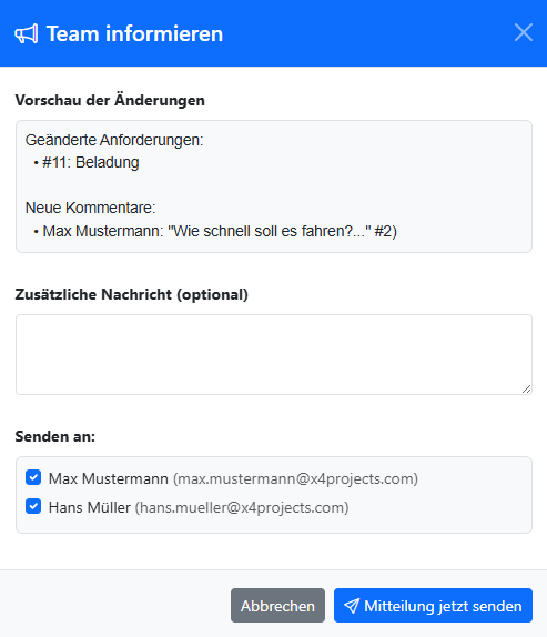 Vorschaufenster für die Teambenachrichtigung