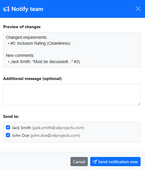 Preview window for team notification