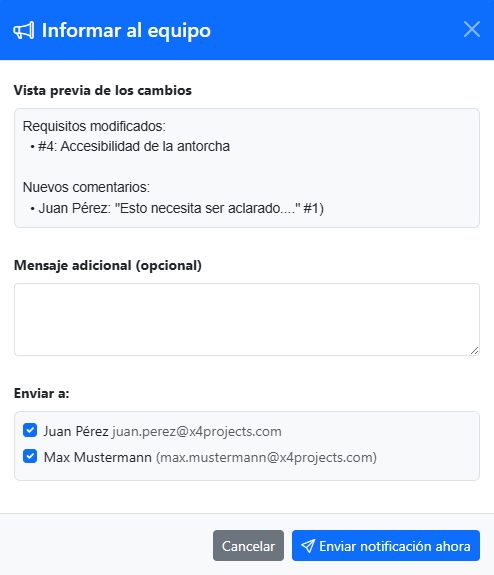 Ventana de vista previa para la notificación al equipo